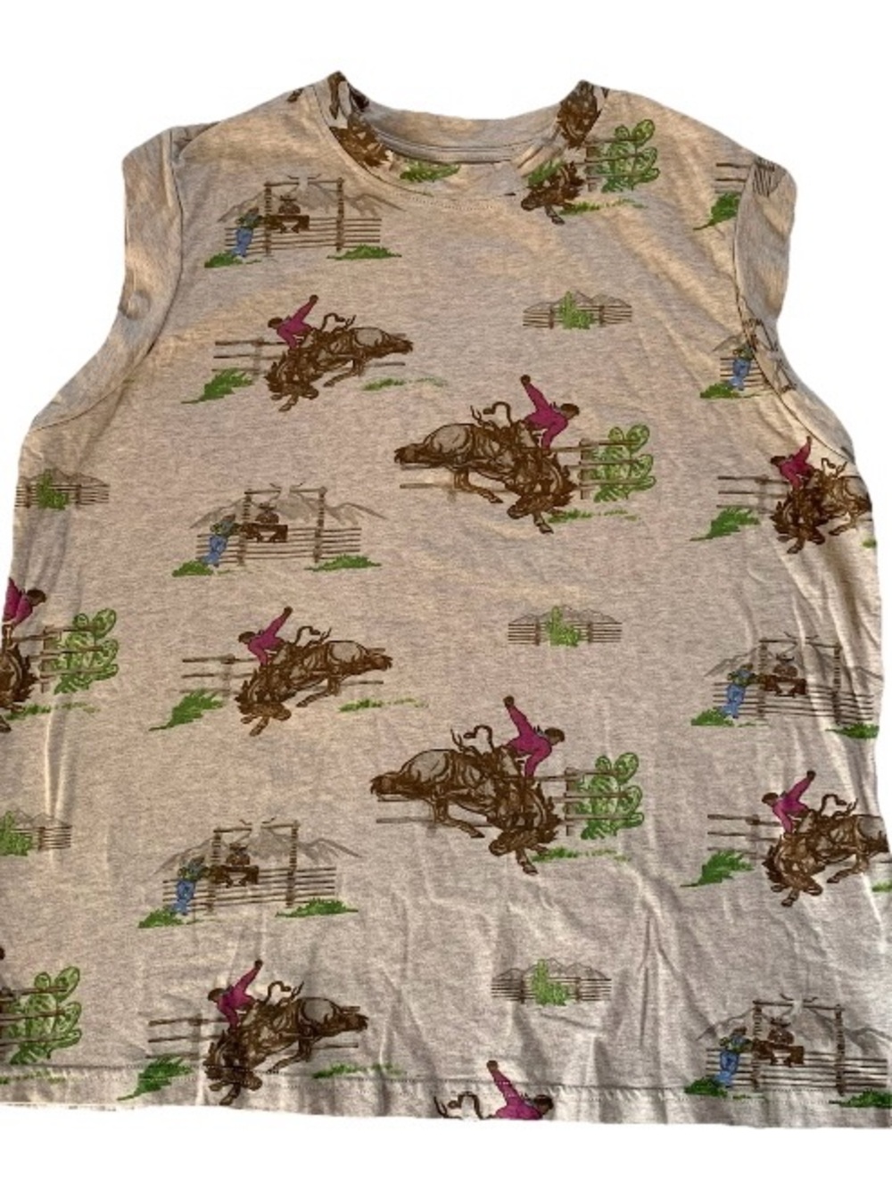 Ariat Women’s Top Sleeveless T-shirt Retro Cowboy Rodeo Horse Tan Print Sz M